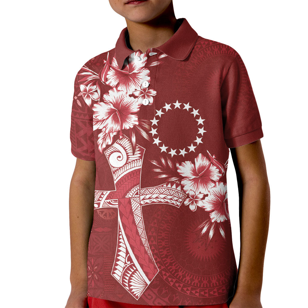 Kia Orana Cook Islands Tapa Floral With Cross Kid Polo Shirt Crimson Red LT7 Kid Crimson Red - Polynesian Pride