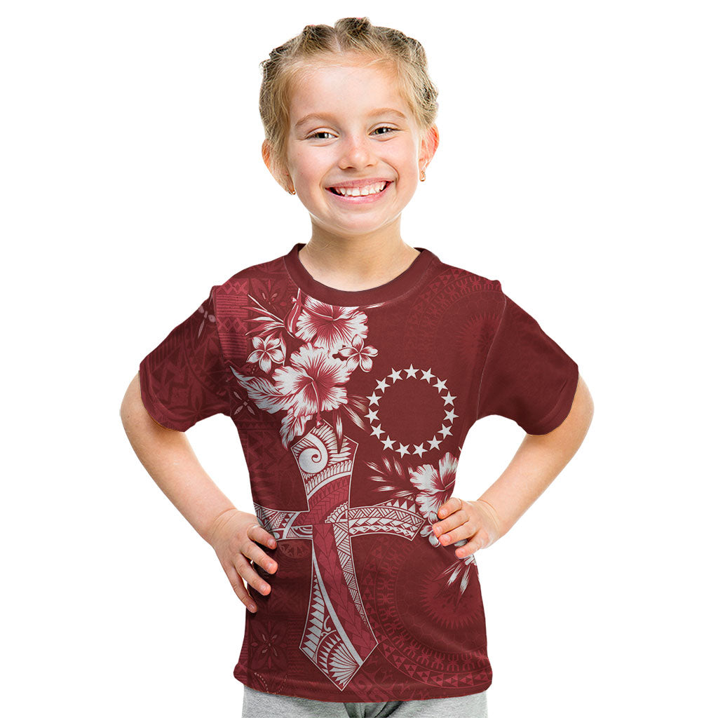 Kia Orana Cook Islands Tapa Floral With Cross Kid T Shirt Crimson Red LT7 Crimson Red - Polynesian Pride
