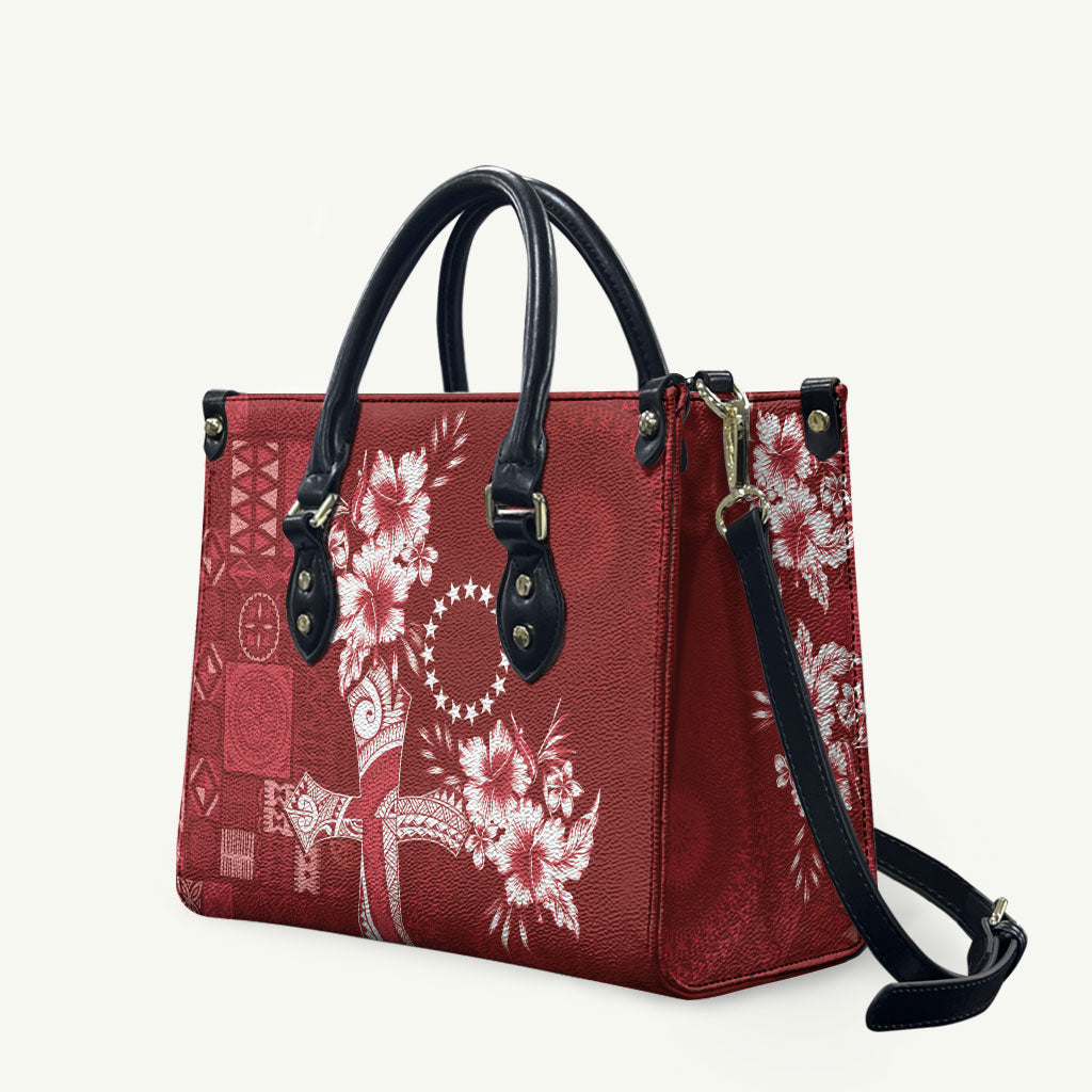 Kia Orana Cook Islands Tapa Floral With Cross Leather Bag Crimson Red