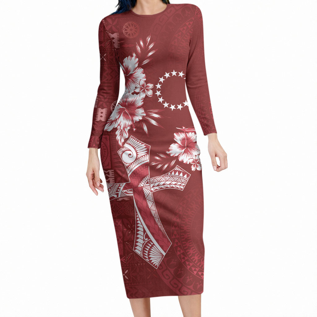 Kia Orana Cook Islands Tapa Floral With Cross Long Sleeve Bodycon Dress Crimson Red LT7 Long Dress Crimson Red - Polynesian Pride
