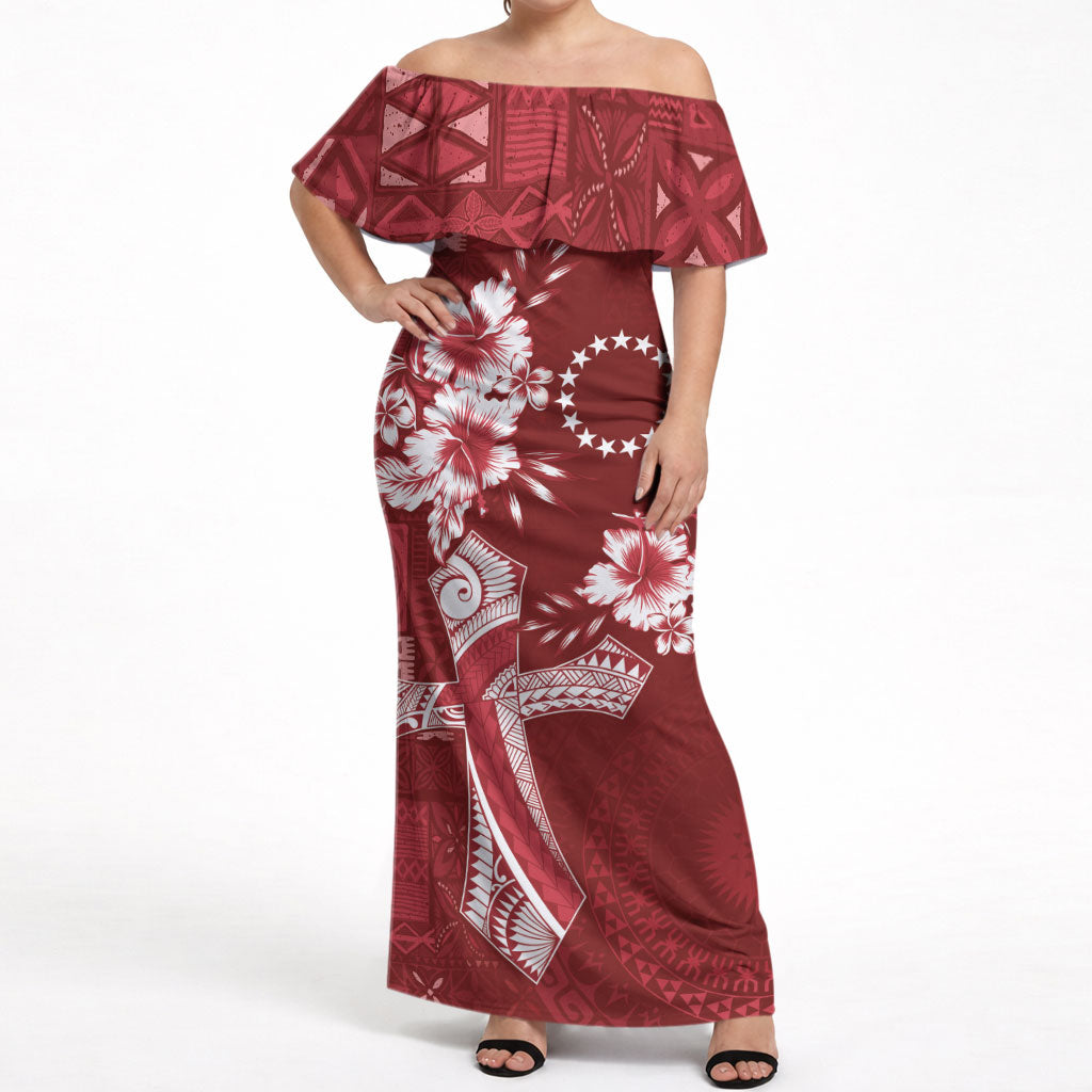 Kia Orana Cook Islands Tapa Floral With Cross Off Shoulder Maxi Dress Crimson Red LT7 Women Crimson Red - Polynesian Pride