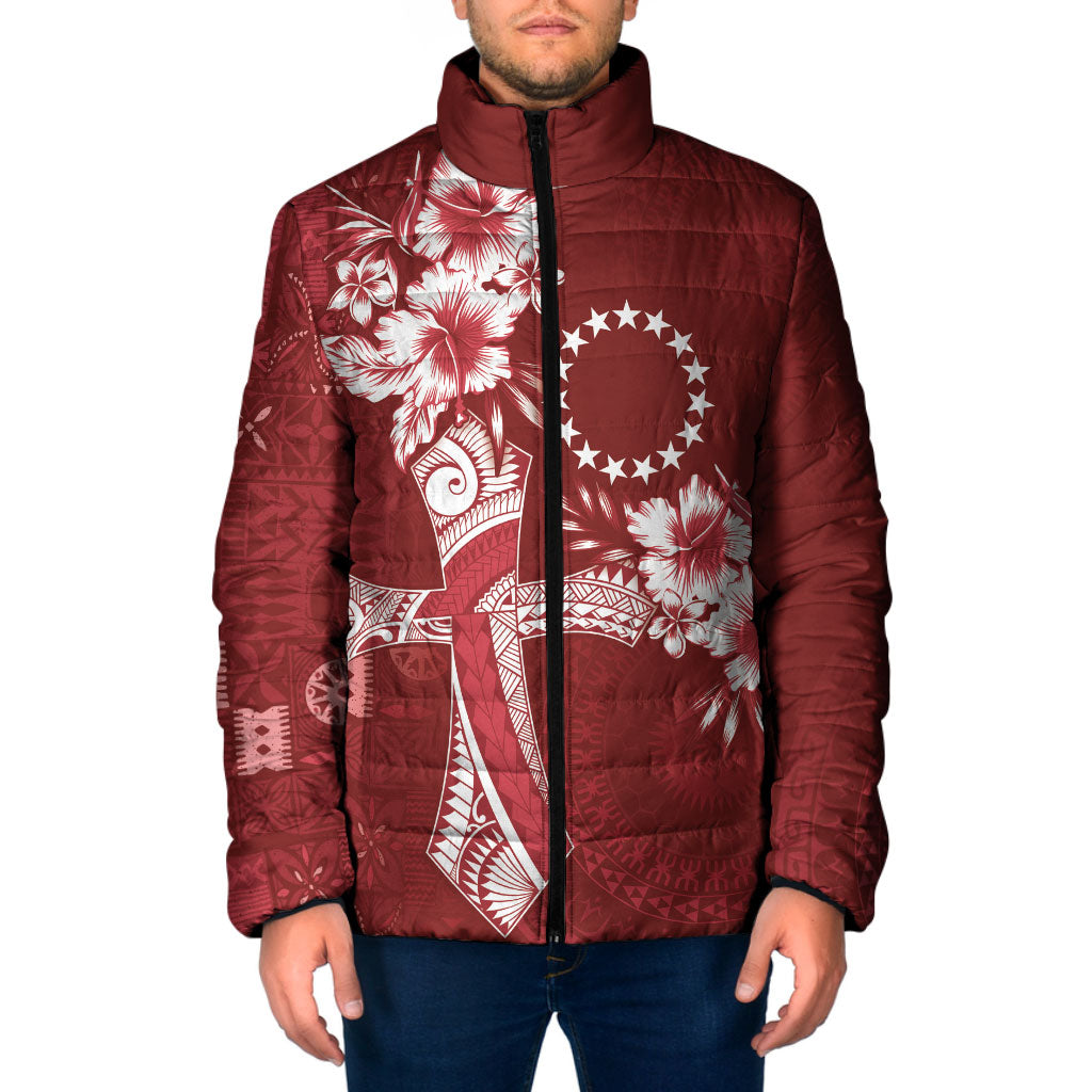 Kia Orana Cook Islands Tapa Floral With Cross Padded Jacket Crimson Red