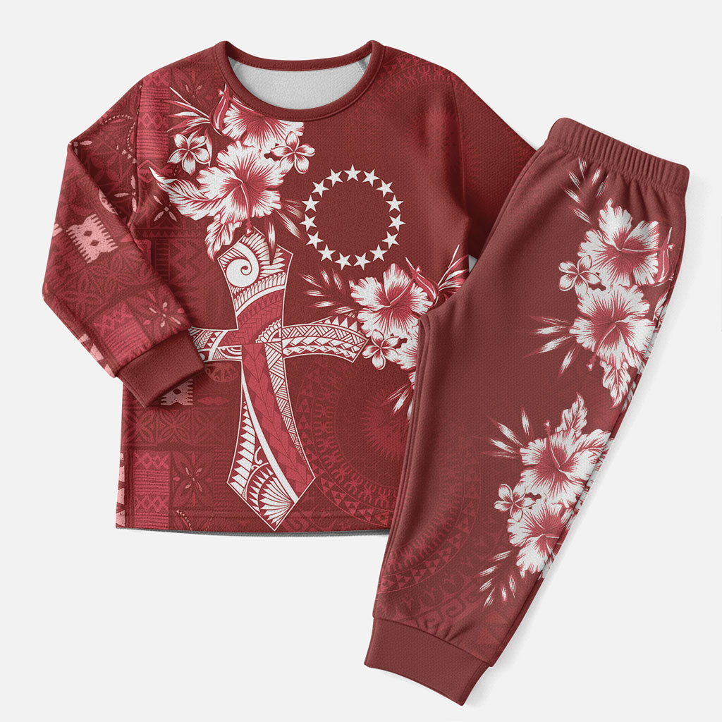 Kia Orana Cook Islands Tapa Floral With Cross Christmas Pajama Set Crimson Red