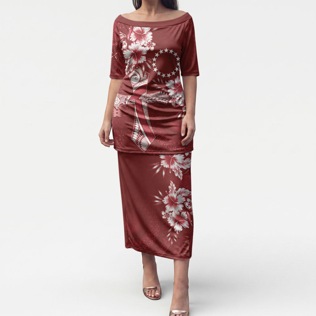 Kia Orana Cook Islands Tapa Floral With Cross Puletasi Crimson Red LT7 Long Dress Crimson Red - Polynesian Pride