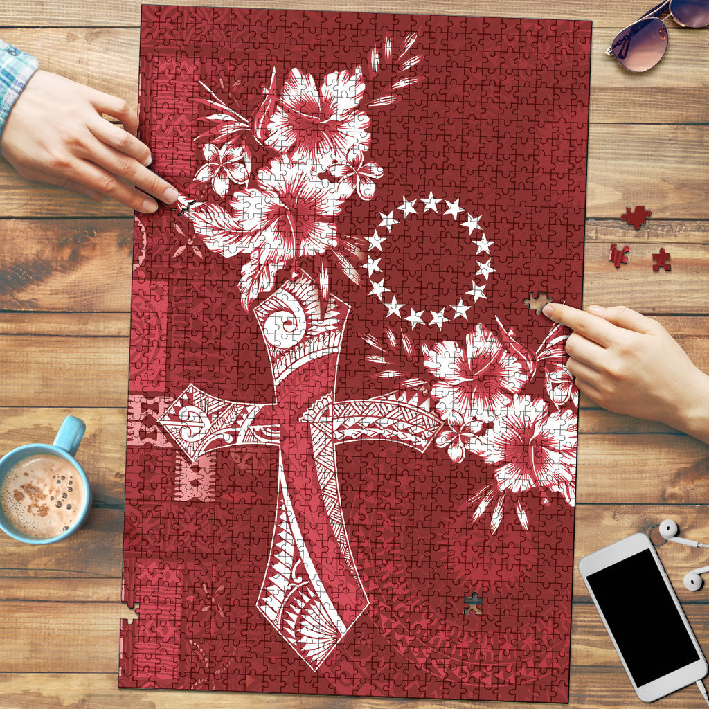 Kia Orana Cook Islands Tapa Floral With Cross Puzzle Crimson Red