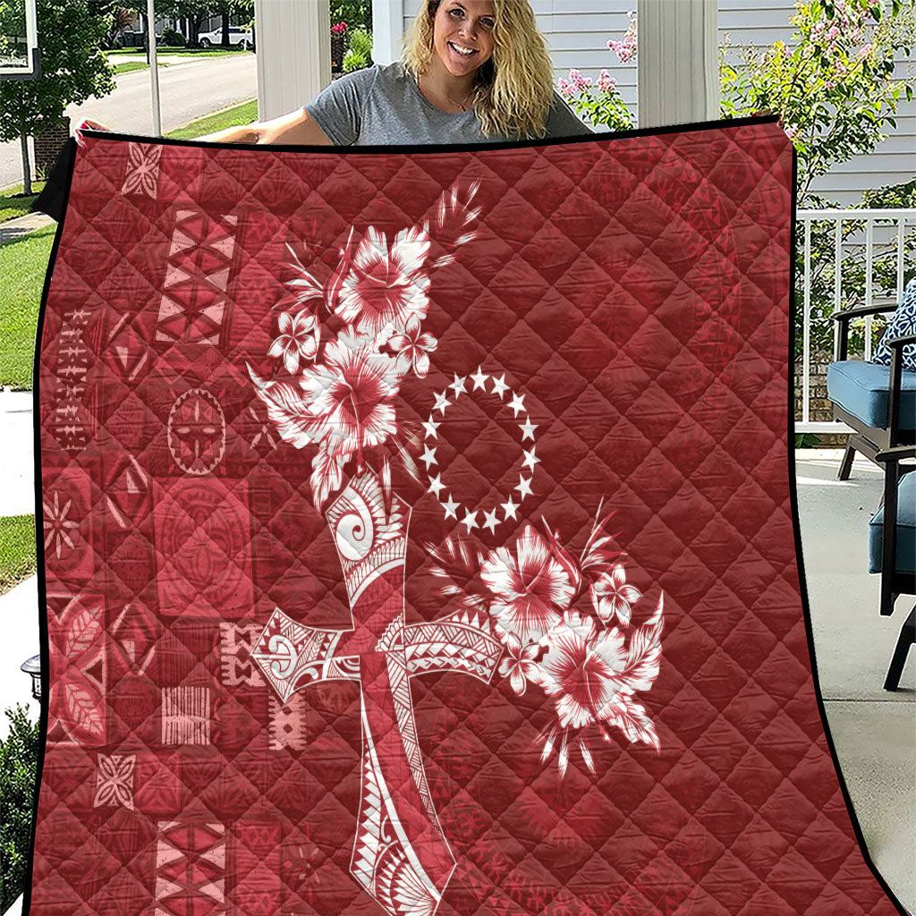Kia Orana Cook Islands Tapa Floral With Cross Quilt Crimson Red LT7 Crimson Red - Polynesian Pride