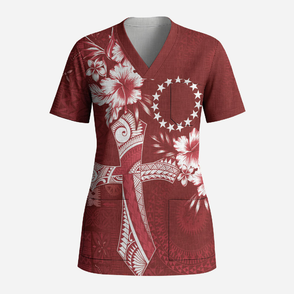 Kia Orana Cook Islands Tapa Floral With Cross Scrub Top Crimson Red