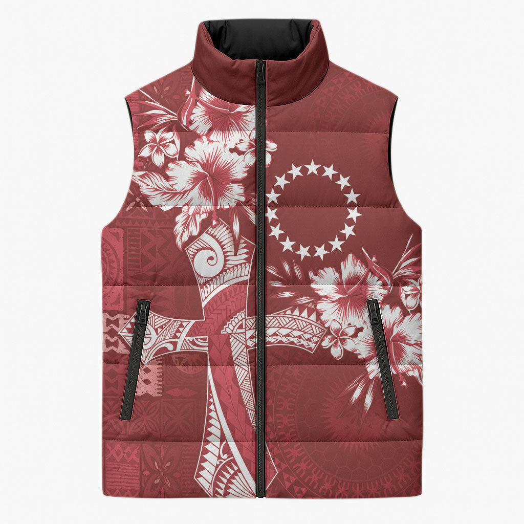 Kia Orana Cook Islands Tapa Floral With Cross Sleeveless Puffer Jacket Crimson Red