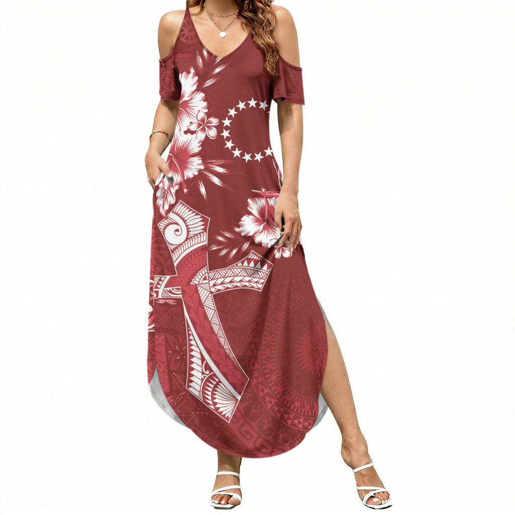 Kia Orana Cook Islands Tapa Floral With Cross Summer Maxi Dress Crimson Red LT7 Women Crimson Red - Polynesian Pride