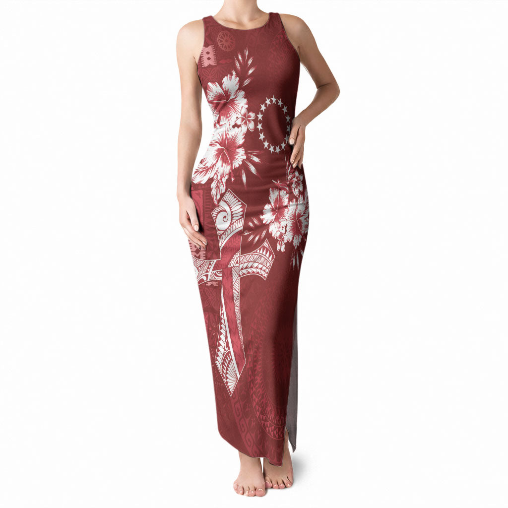 Kia Orana Cook Islands Tapa Floral With Cross Tank Maxi Dress Crimson Red LT7 Women Crimson Red - Polynesian Pride