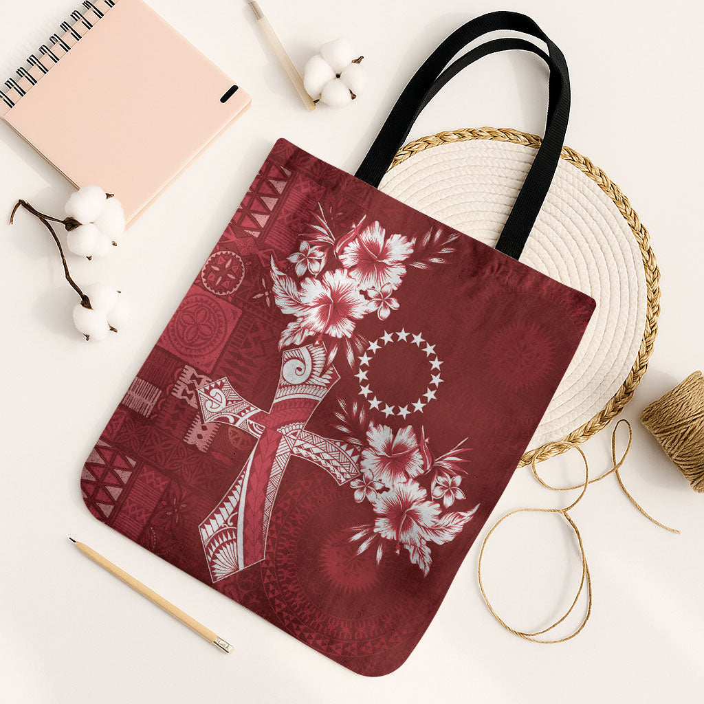 Kia Orana Cook Islands Tapa Floral With Cross Tote Bag Crimson Red
