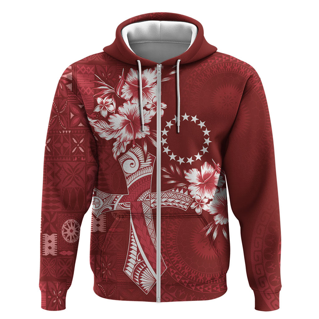 Kia Orana Cook Islands Tapa Floral With Cross Zip Hoodie Crimson Red LT7 Zip Hoodie Crimson Red - Polynesian Pride