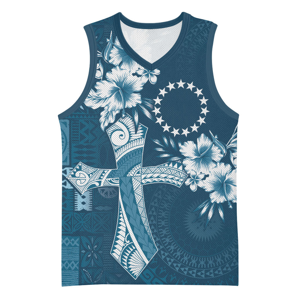 Kia Orana Cook Islands Tapa Floral With Cross Basketball Jersey Navy Blue