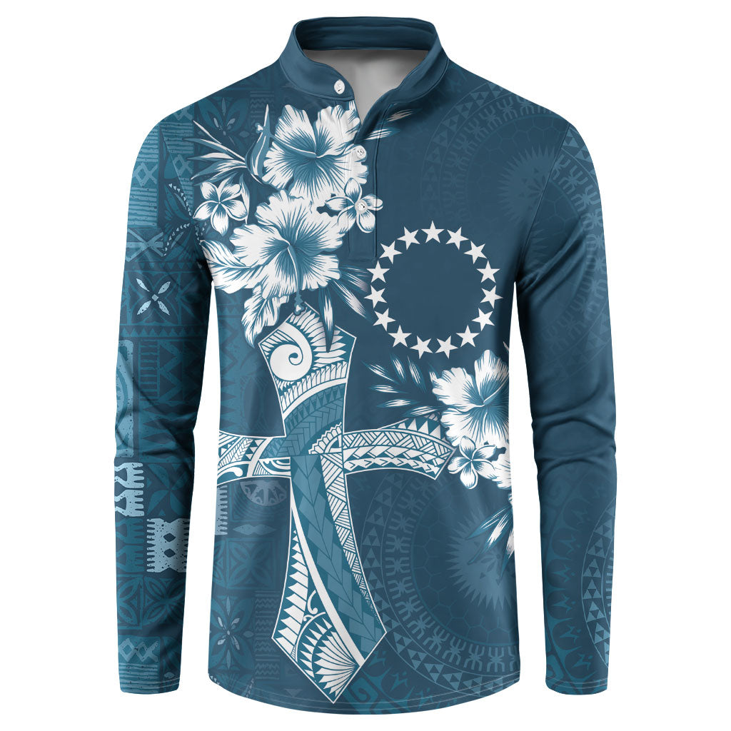 Kia Orana Cook Islands Tapa Floral With Cross Button Sweatshirt Navy Blue