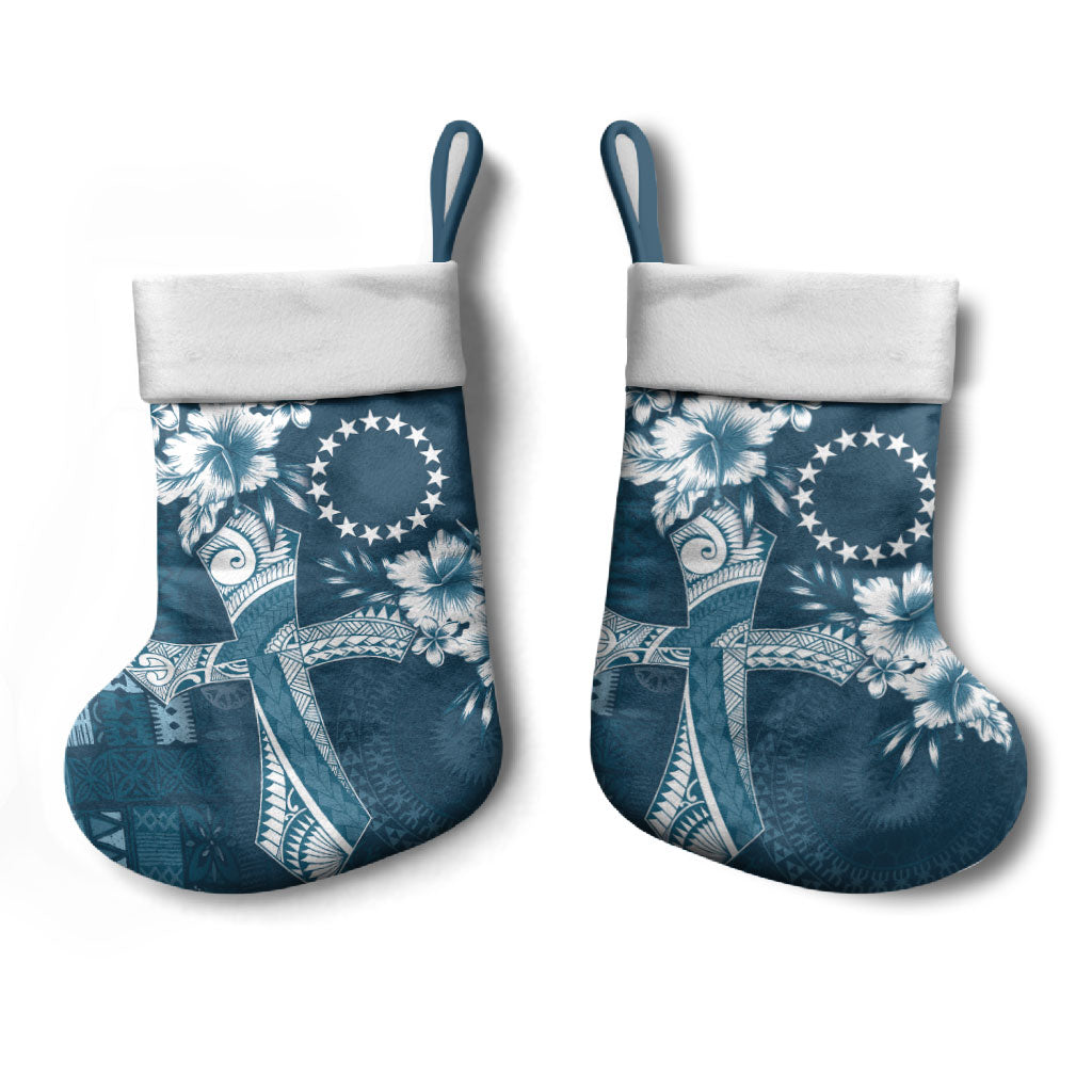 Kia Orana Cook Islands Tapa Floral With Cross Christmas Stocking Navy Blue LT7 - Polynesian Pride