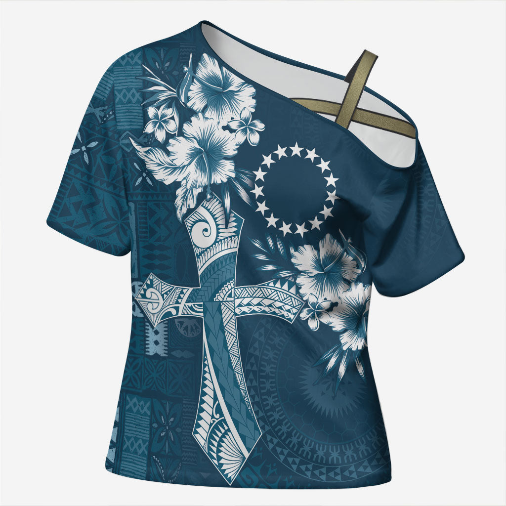 Kia Orana Cook Islands Tapa Floral With Cross Cross Shoulder Shirt Navy Blue