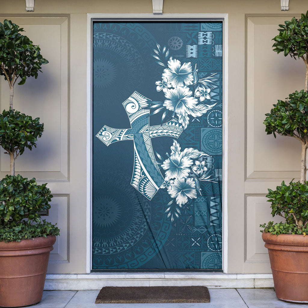 Kia Orana Cook Islands Tapa Floral With Cross Door Cover Navy Blue
