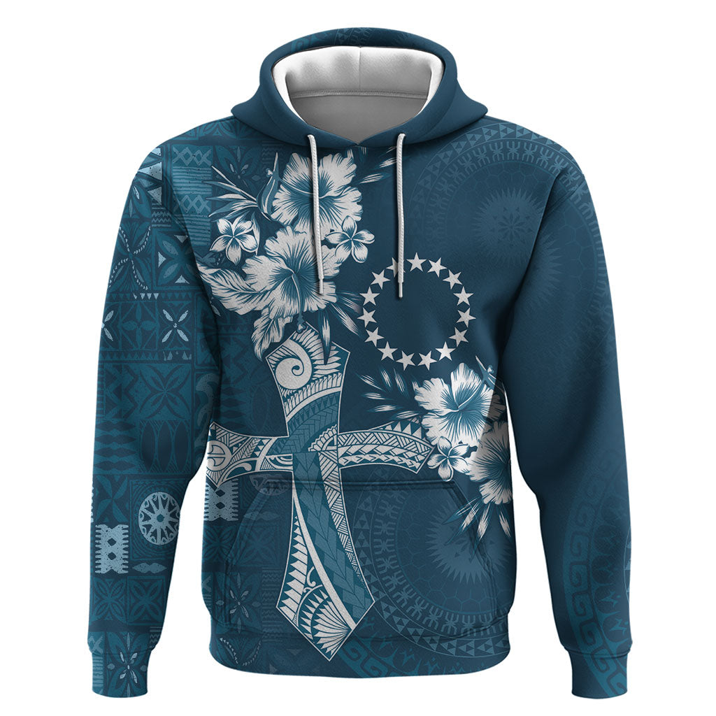 Kia Orana Cook Islands Tapa Floral With Cross Hoodie Navy Blue LT7 Pullover Hoodie Navy Blue - Polynesian Pride