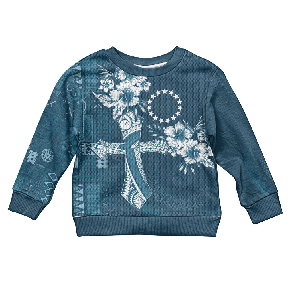 Kia Orana Cook Islands Tapa Floral With Cross Kid Ugly Christmas Sweater Navy Blue