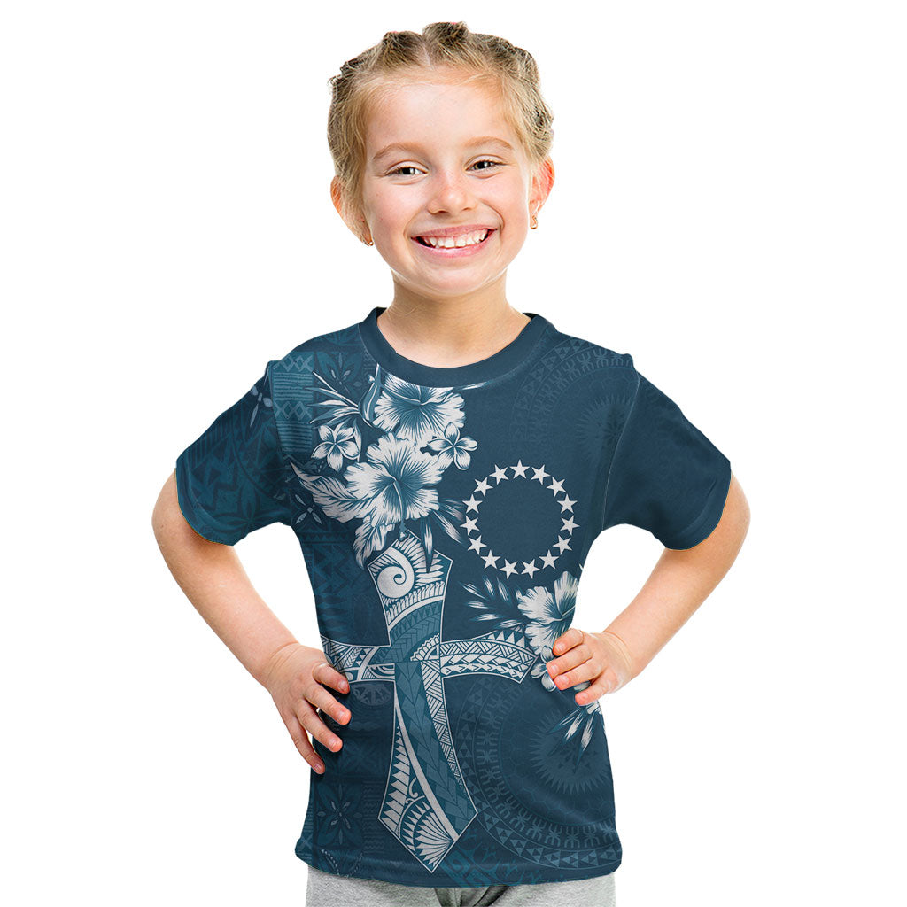 Kia Orana Cook Islands Tapa Floral With Cross Kid T Shirt Navy Blue