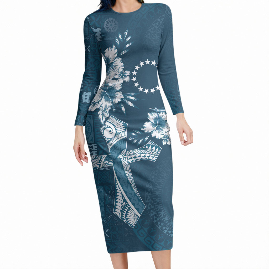 Kia Orana Cook Islands Tapa Floral With Cross Long Sleeve Bodycon Dress Navy Blue