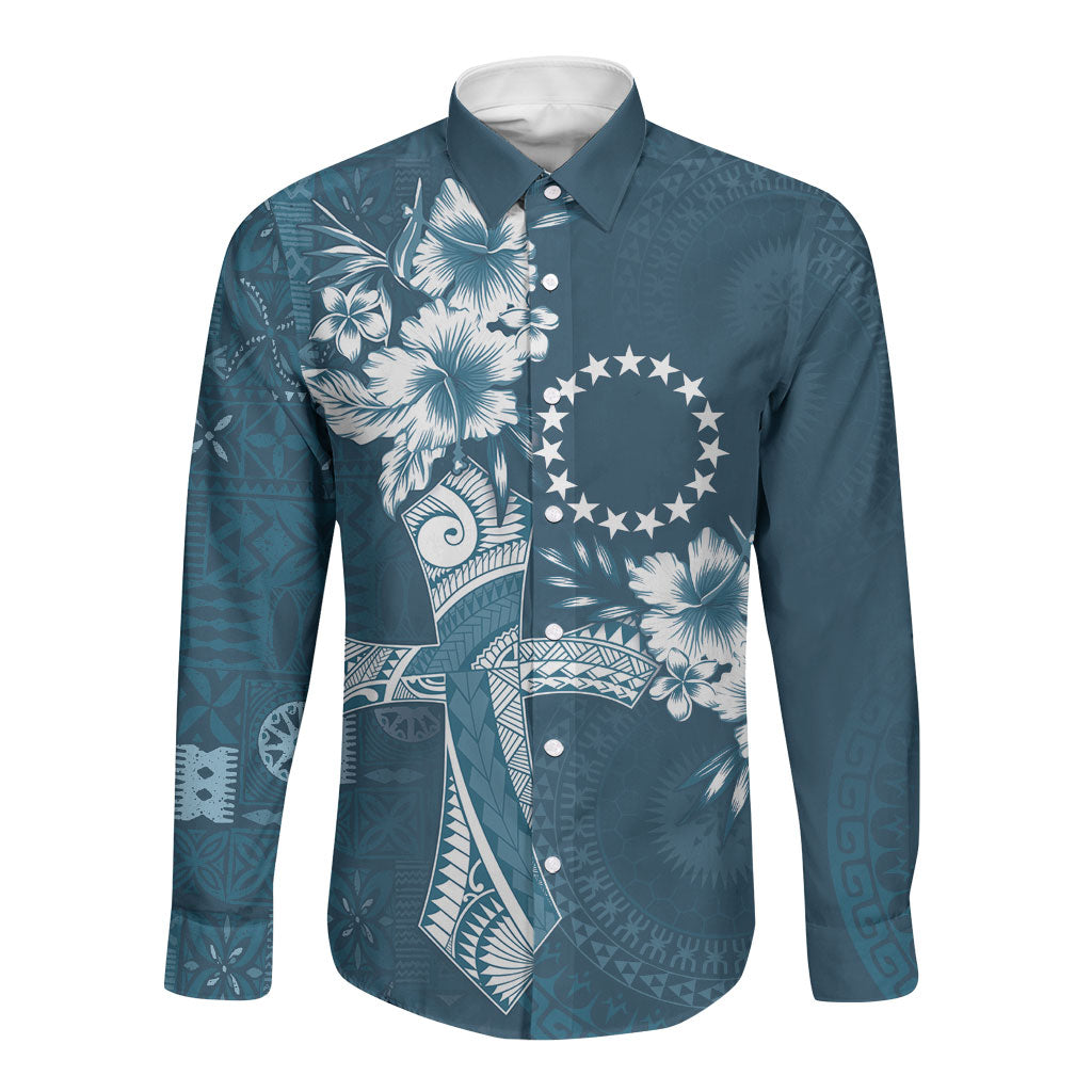 Kia Orana Cook Islands Tapa Floral With Cross Long Sleeve Button Shirt Navy Blue