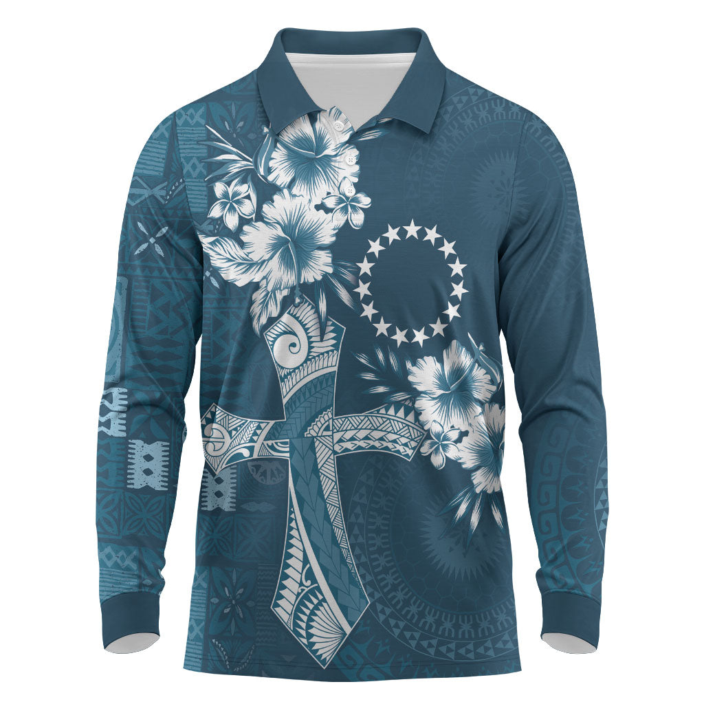 Kia Orana Cook Islands Tapa Floral With Cross Long Sleeve Polo Shirt Navy Blue