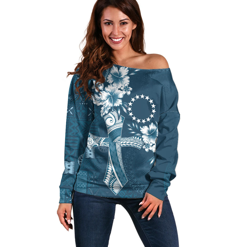 Kia Orana Cook Islands Tapa Floral With Cross Off Shoulder Sweater Navy Blue