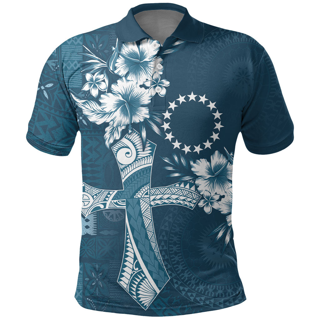 Kia Orana Cook Islands Tapa Floral With Cross Polo Shirt Navy Blue