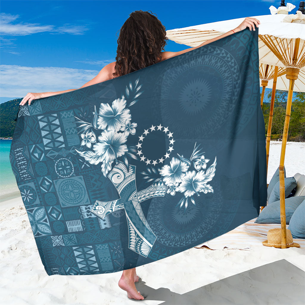 Kia Orana Cook Islands Tapa Floral With Cross Sarong Navy Blue LT7 One Size 44 x 66 inches Navy Blue - Polynesian Pride