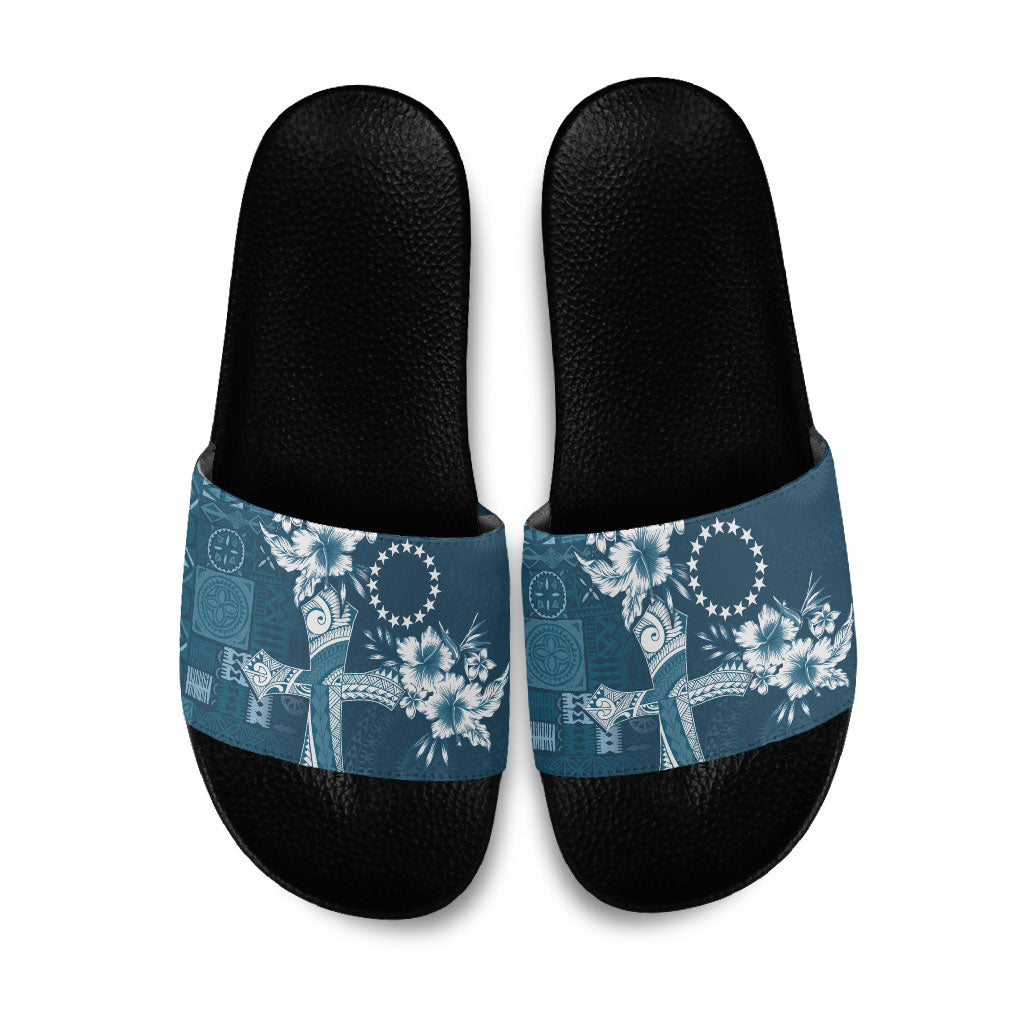 Kia Orana Cook Islands Tapa Floral With Cross Slide Sandals Navy Blue
