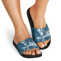 Kia Orana Cook Islands Tapa Floral With Cross Slide Sandals Navy Blue LT7 - Polynesian Pride