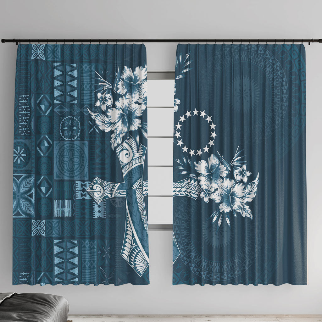 Kia Orana Cook Islands Tapa Floral With Cross Window Curtain Navy Blue