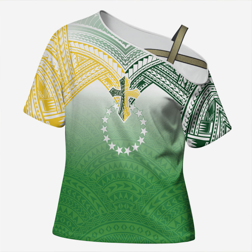 Cook Islands Rugby Medallion Of Stars Cross Shoulder Shirt Kuki Airani Avaiki LT7 Female White Green - Polynesian Pride