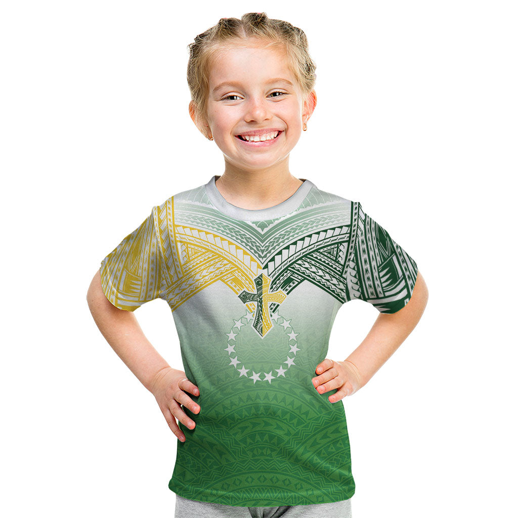 Cook Islands Rugby Medallion Of Stars Kid T Shirt Kuki Airani Avaiki LT7 White Green - Polynesian Pride