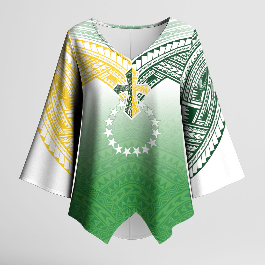 Cook Islands Rugby Medallion Of Stars Kimono Sleeve Blouse Kuki Airani Avaiki LT7 Female White Green - Polynesian Pride