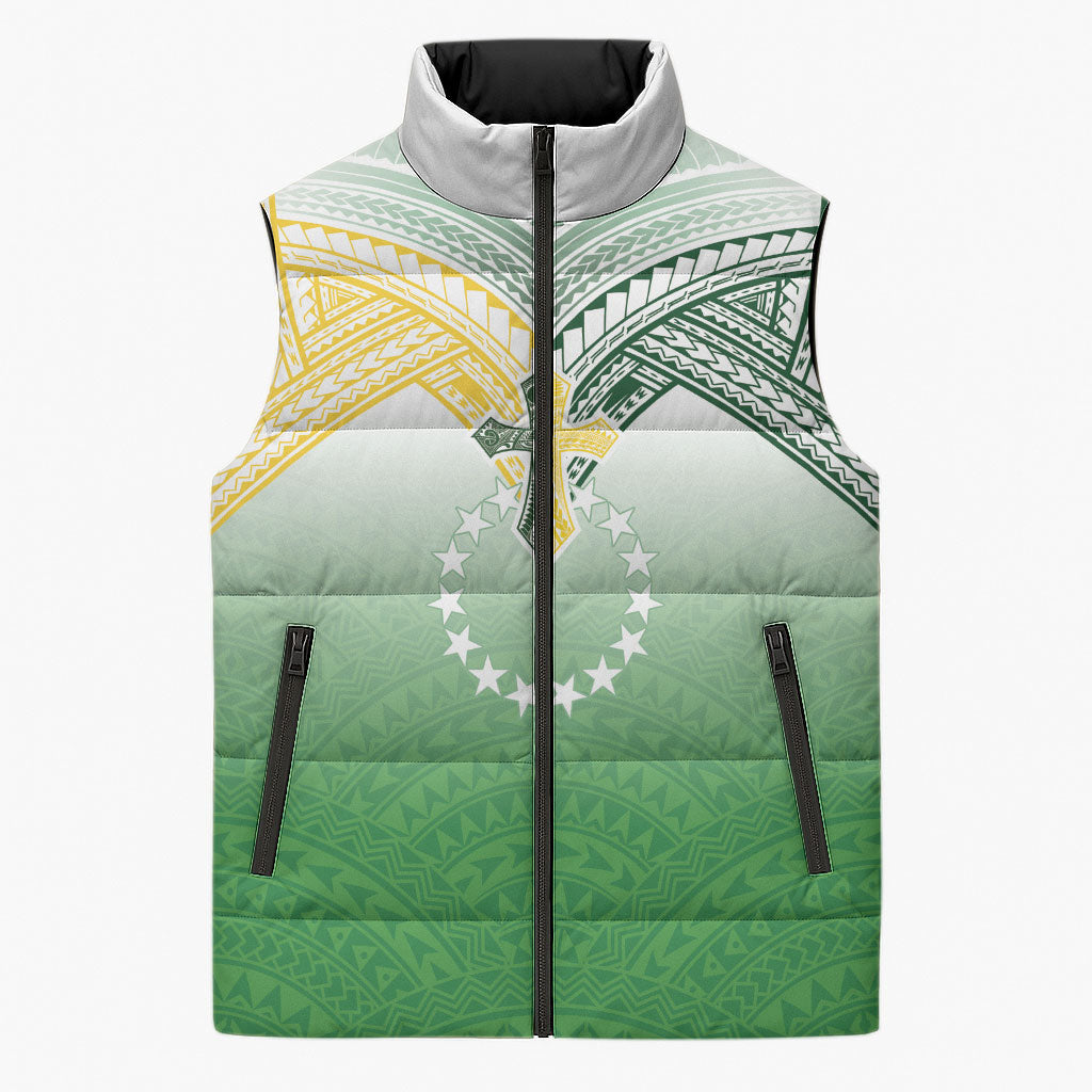 Cook Islands Rugby Medallion Of Stars Sleeveless Puffer Jacket Kuki Airani Avaiki LT7 Unisex White Green - Polynesian Pride