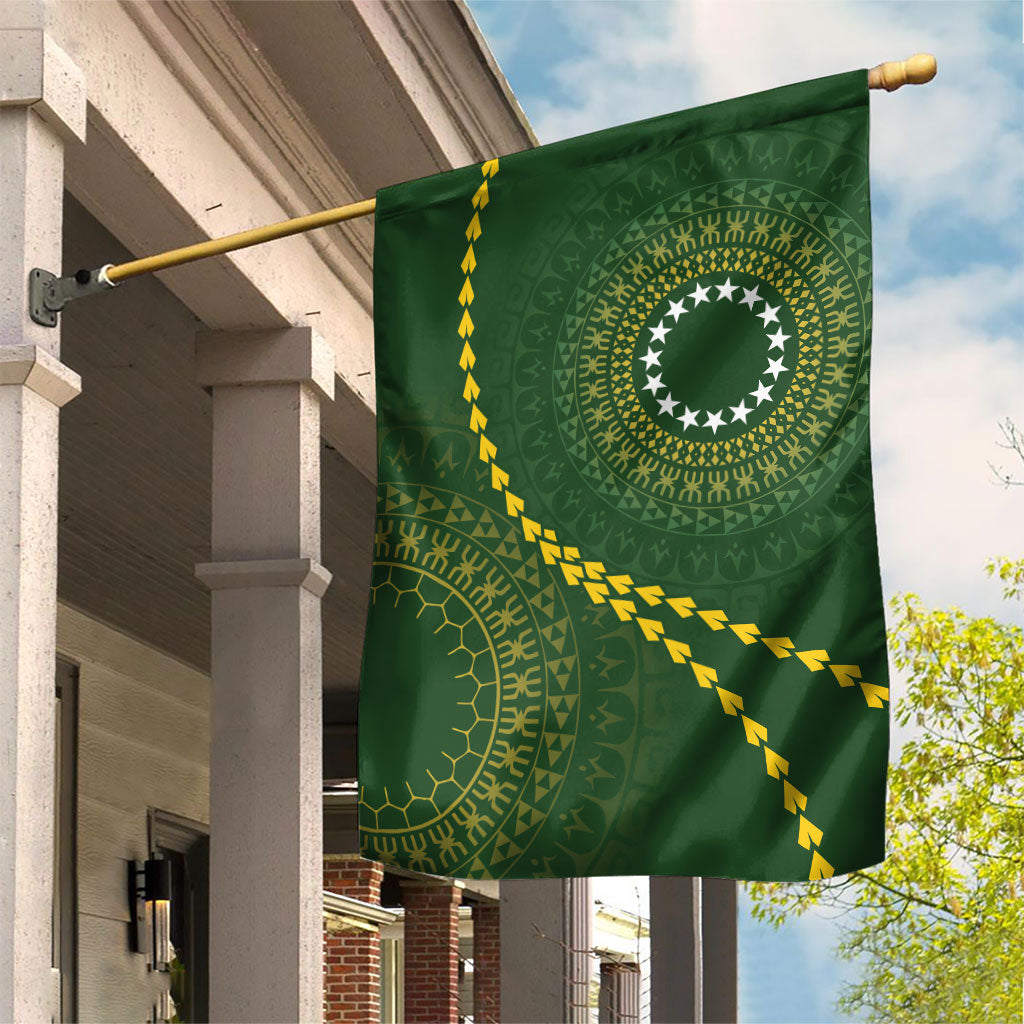 Cook Islands Rugby Garden Flag Kuki Tapa Motifs - Medallion Of Stars LT7 House Flag Dark Green - Polynesian Pride