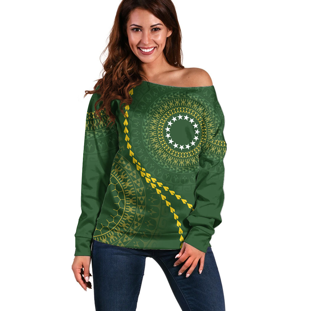 Cook Islands Rugby Custom Off Shoulder Sweater Kuki Tapa Motifs - Medallion Of Stars LT7 Women Dark Green - Polynesian Pride