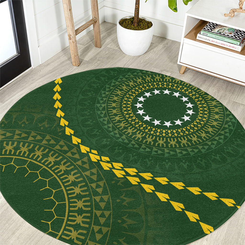 Cook Islands Rugby Round Carpet Kuki Tapa Motifs - Medallion Of Stars LT7 Dark Green - Polynesian Pride
