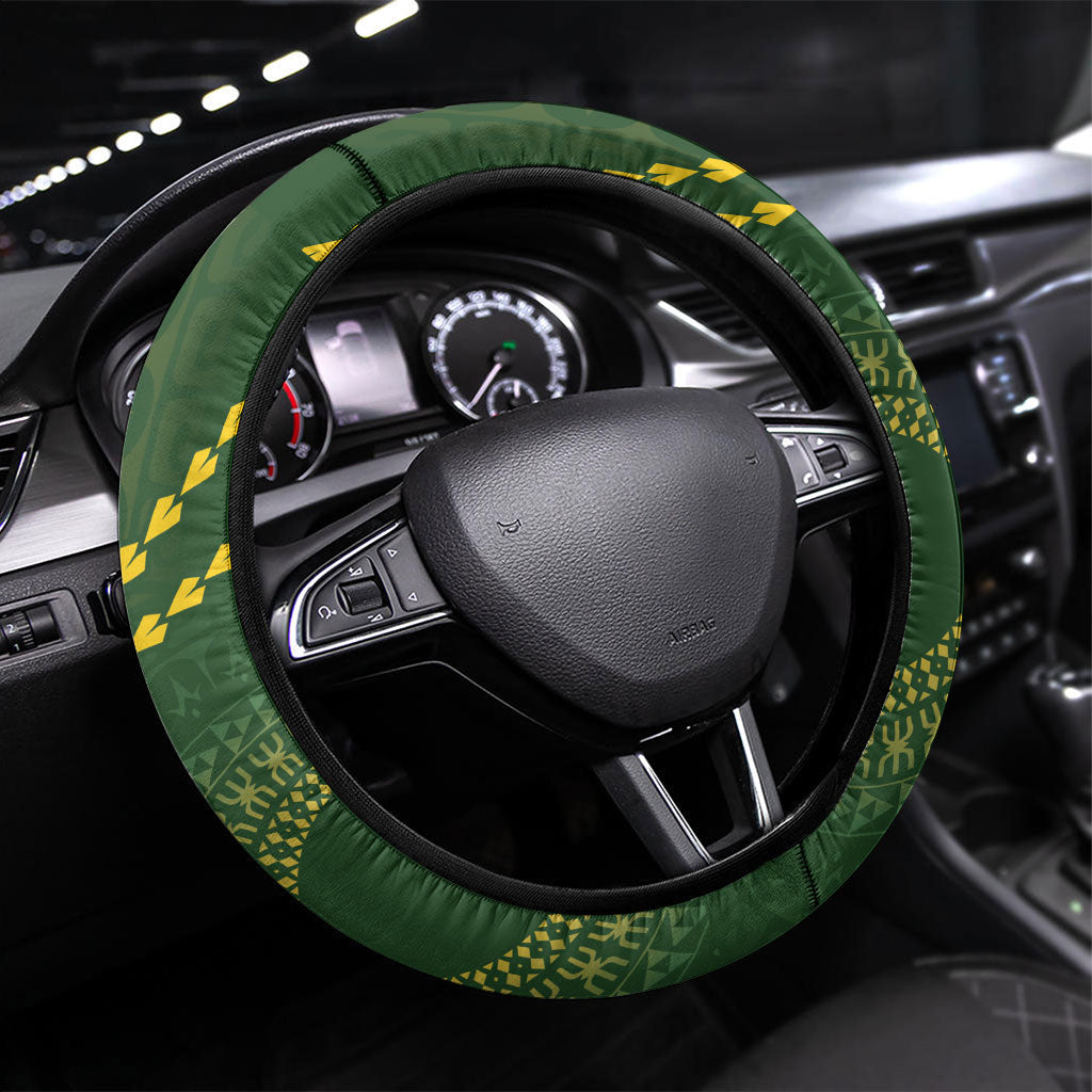 Cook Islands Rugby Steering Wheel Cover Kuki Tapa Motifs - Medallion Of Stars LT7 Universal Fit Dark Green - Polynesian Pride