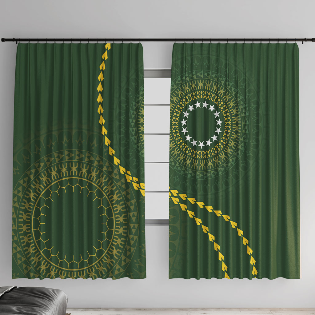 Cook Islands Rugby Window Curtain Kuki Tapa Motifs - Medallion Of Stars LT7 With Hooks Dark Green - Polynesian Pride