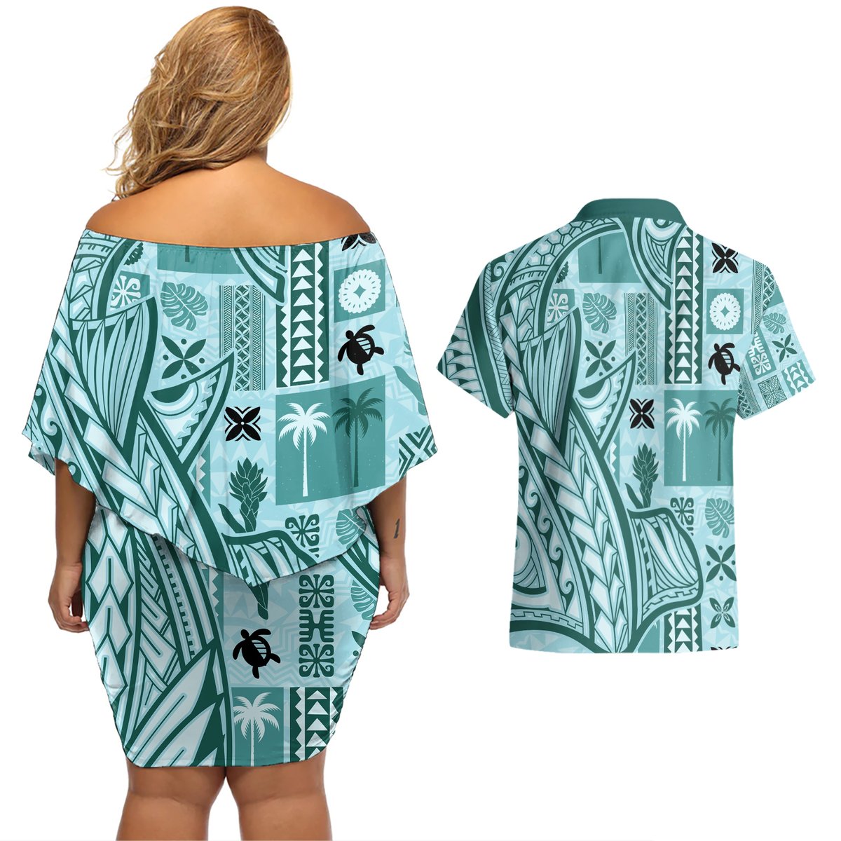 Samoa Tapa Couples Matching Off Shoulder Short Dress and Hawaiian Shirt Siapo Mix Tatau Patterns - Teal LT7 - Polynesian Pride