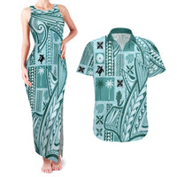 Samoa Tapa Couples Matching Tank Maxi Dress and Hawaiian Shirt Siapo Mix Tatau Patterns - Teal LT7 Teal - Polynesian Pride