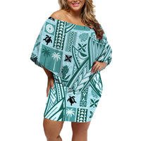 Samoa Tapa Family Matching Off Shoulder Short Dress and Hawaiian Shirt Siapo Mix Tatau Patterns - Teal LT7 Mom's Dress Teal - Polynesian Pride