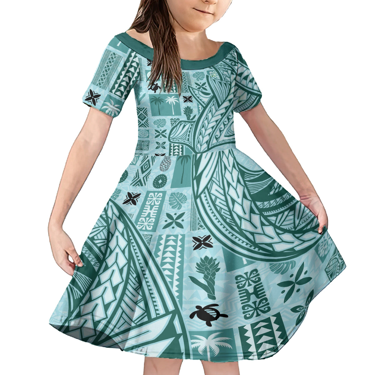 Samoa Tapa Family Matching Summer Maxi Dress and Hawaiian Shirt Siapo Mix Tatau Patterns - Teal LT7 Daughter's Dress Teal - Polynesian Pride