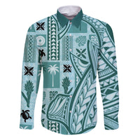 Samoa Tapa Family Matching Tank Maxi Dress and Hawaiian Shirt Siapo Mix Tatau Patterns - Teal LT7 Dad's Shirt - Long Sleeve Teal - Polynesian Pride