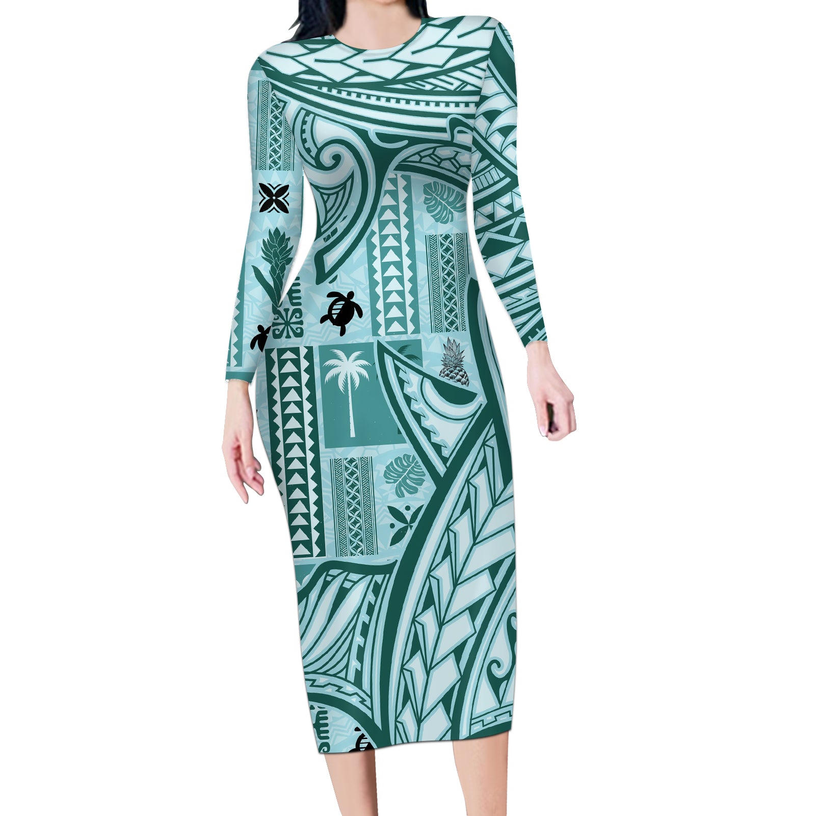 Samoa Tapa Long Sleeve Bodycon Dress Siapo Mix Tatau Patterns - Teal LT7 Long Dress Teal - Polynesian Pride