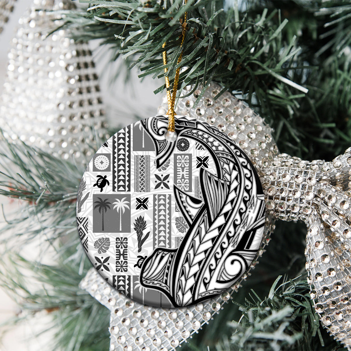 Samoa Tapa Ceramic Ornament Siapo Mix Tatau Patterns - White LT7 - Polynesian Pride