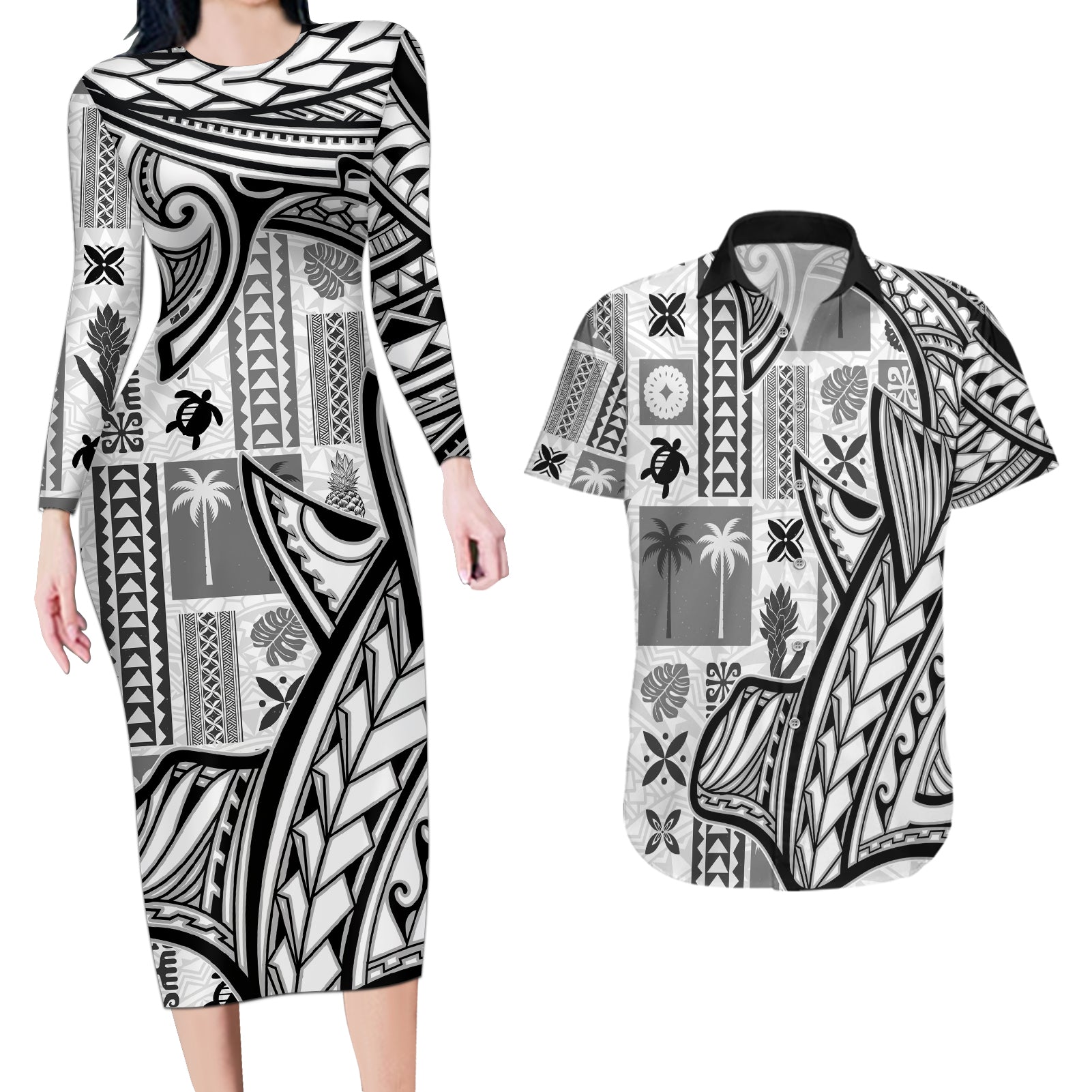 Samoa Tapa Couples Matching Long Sleeve Bodycon Dress and Hawaiian Shirt Siapo Mix Tatau Patterns - White LT7 White - Polynesian Pride